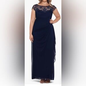 Xscape Plus Size Beaded Cap Sleeve Illusion Crew Neck Ruched Dress Gown 18W